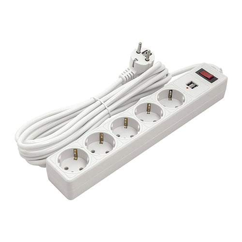 Buitinis ilgiklis 5m, 5 lizdai, 2xUSB, su jungikliu