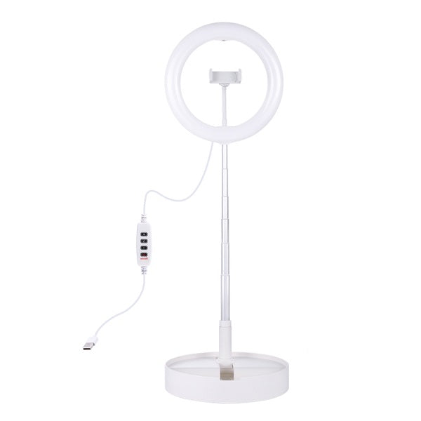 LED žiedinė lempa 26cm, su stovu iki 138cm, su telefono laikikliu, USB