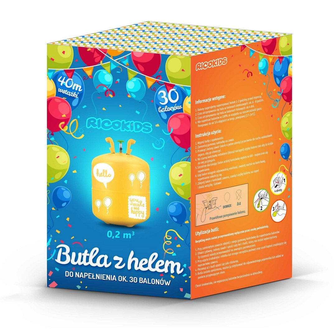 0,20 m3 heleno buteliukas su balionais ir Ricokids juosta