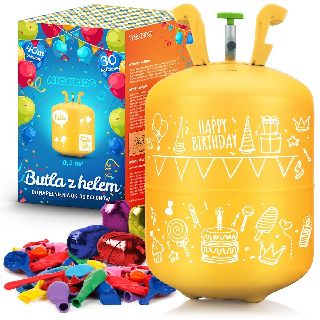 0,20 m3 heleno buteliukas su balionais ir Ricokids juosta