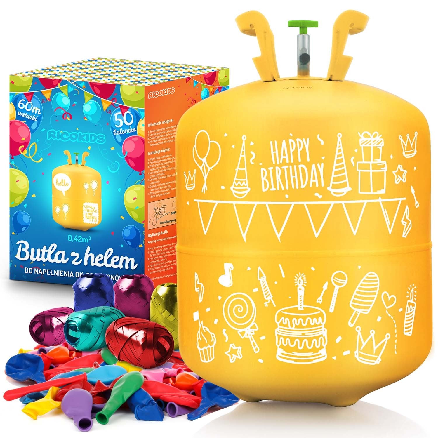0,42 m3 heliumo butelis su balionais ir Ricokids juosta