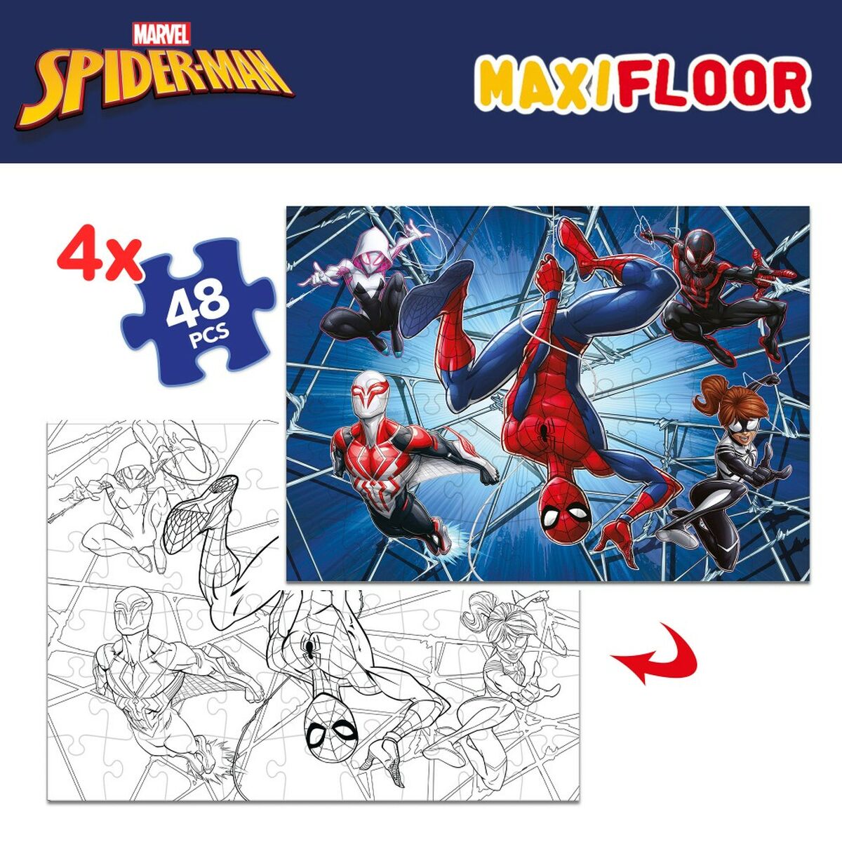 Vaikiška puzlė Spider-Man Dvipusis “Keturi viename” 48 Dalys 35 x 1,5 x 25 cm (6 vnt.)