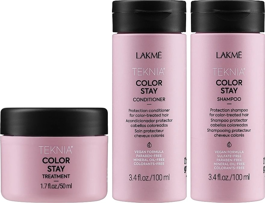 Lakme Teknia Color Stay Travel rinkinys: šampūnas 100 ml, kondicionierius 100 ml, atstatomoji priemonė 50 ml