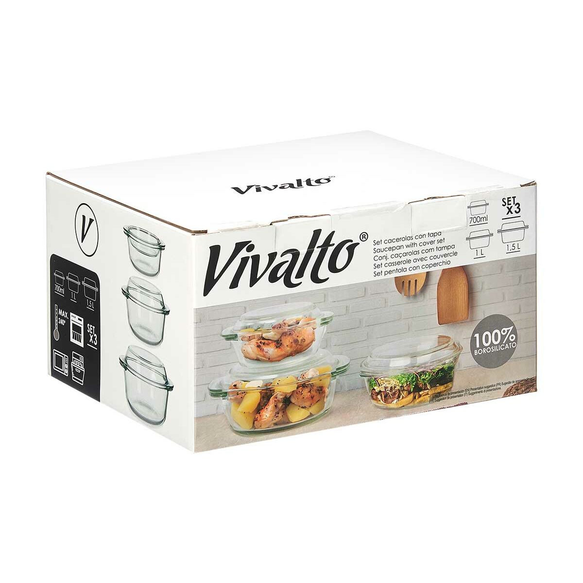 Keptuvės Vivalto CA1-15-S3 Skaidrus Borosilikatinis stiklas 700 ml 1 L 1,5 L Rinkinys (4 vnt.)