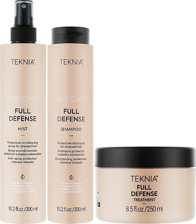 Lakme Teknia Full Defense Retail rinkinys: šampūnas 300 ml, atstatomoji priemonė 250 ml, dulksna 300 ml