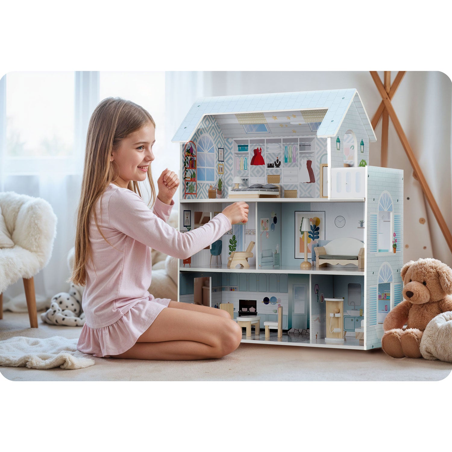 Didelis medinis 3-ies aukštų Ricokids RK-878 lėlės namas