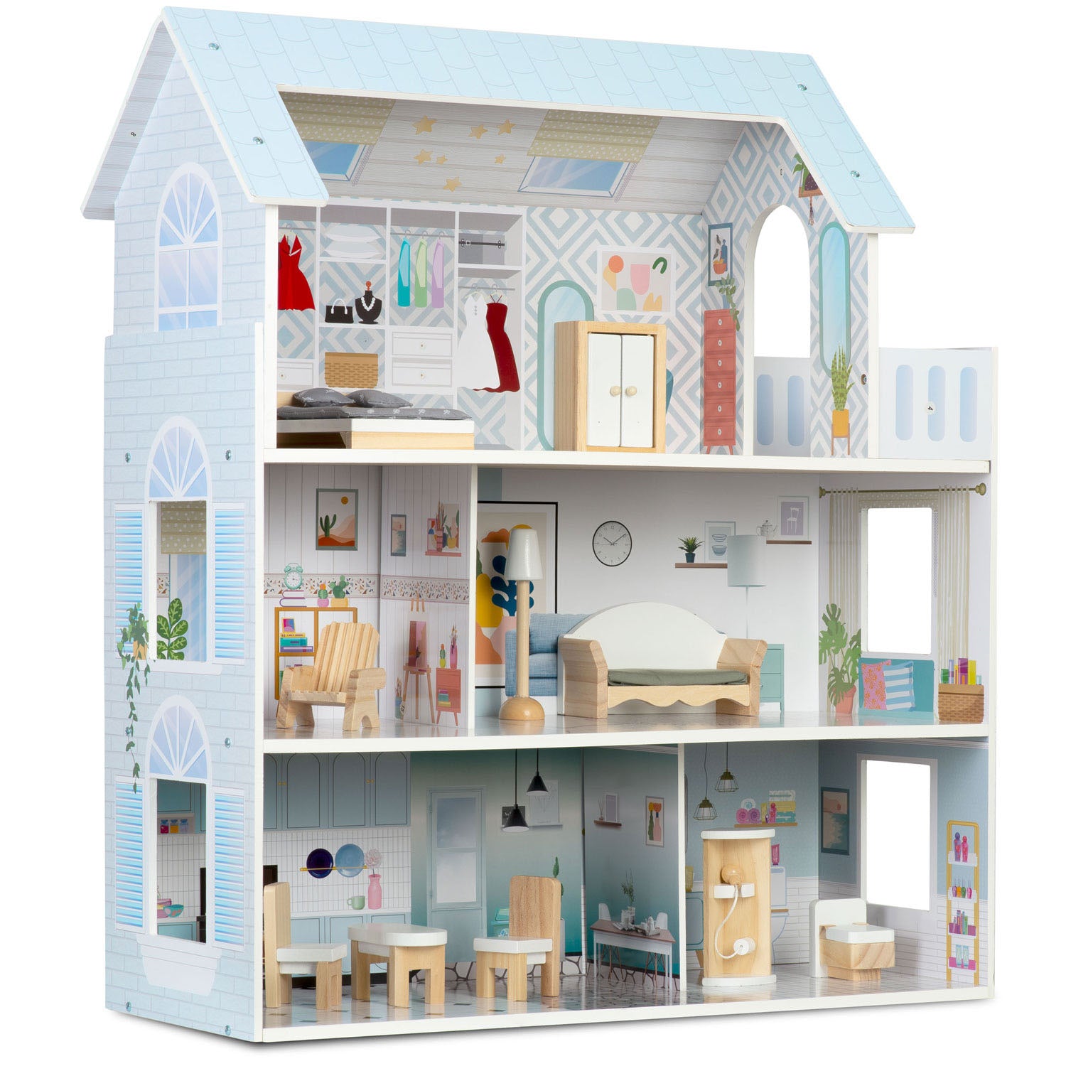 Didelis medinis 3-ies aukštų Ricokids RK-878 lėlės namas