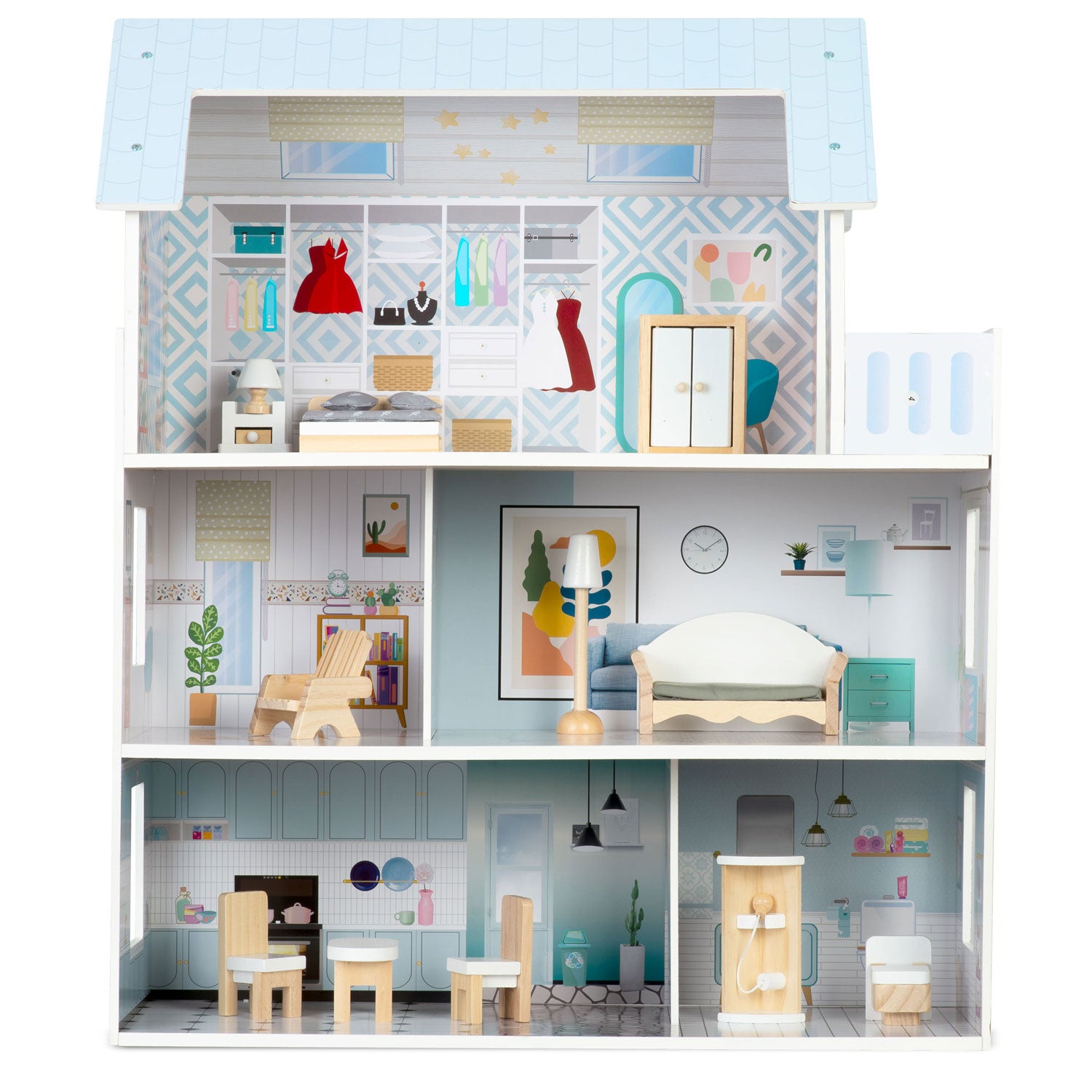 Didelis medinis 3-ies aukštų Ricokids RK-878 lėlės namas