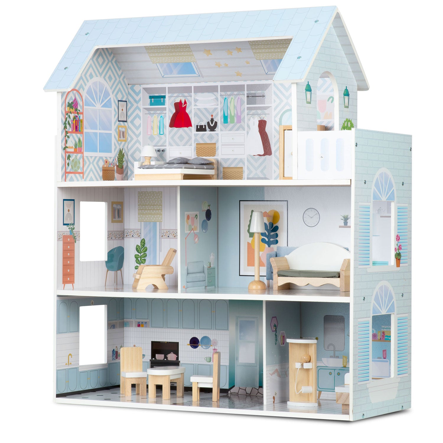 Didelis medinis 3-ies aukštų Ricokids RK-878 lėlės namas