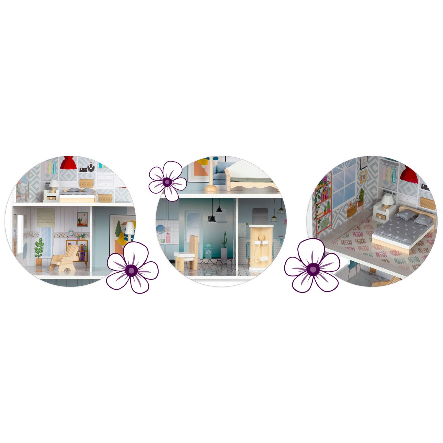 Didelis medinis 3-ies aukštų Ricokids RK-878 lėlės namas