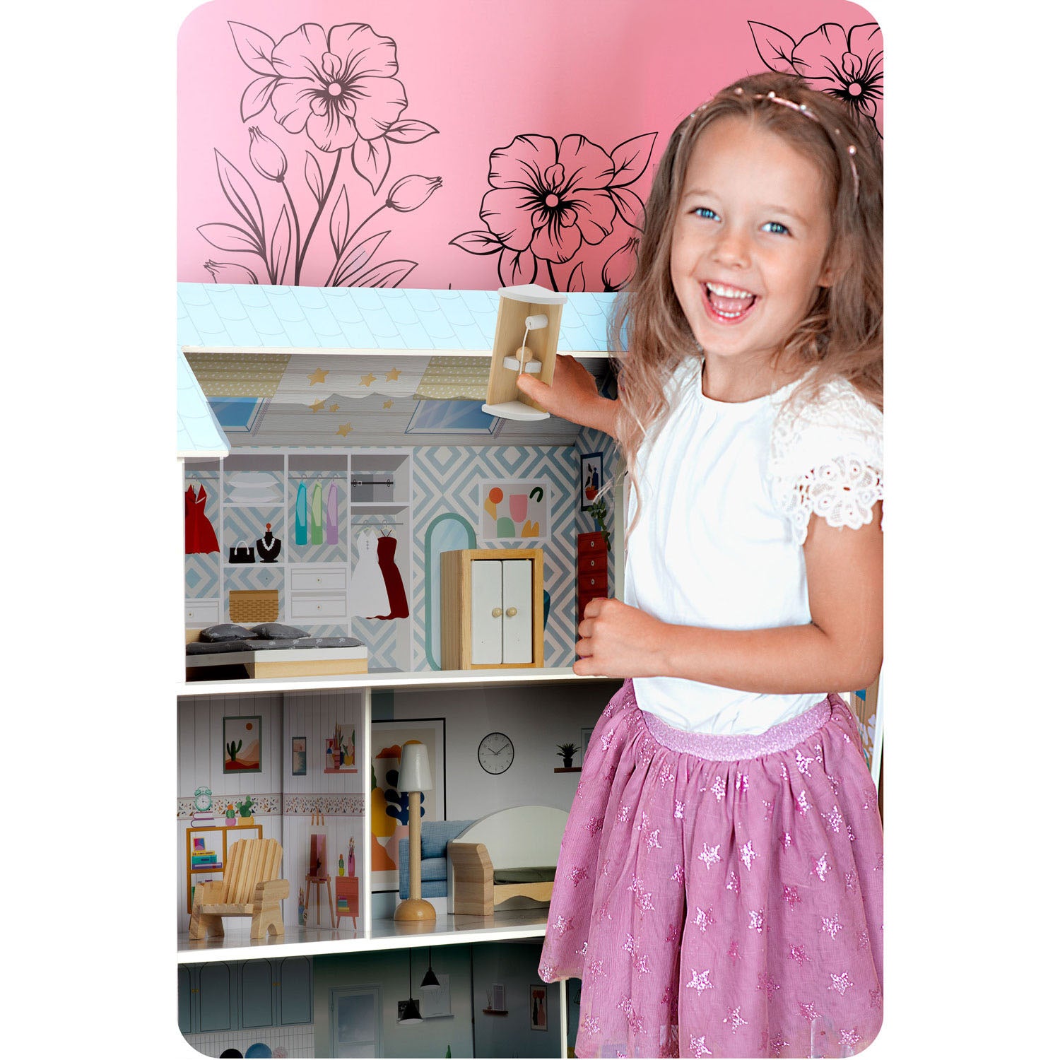 Didelis medinis 3-ies aukštų Ricokids RK-878 lėlės namas