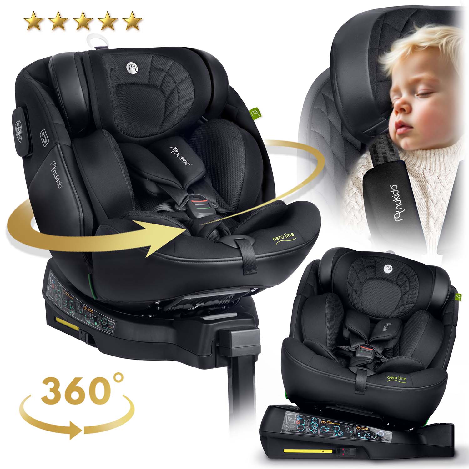 Nukido Aero Line juoda 0-36 kg ISOFIX automobilio sėdynė