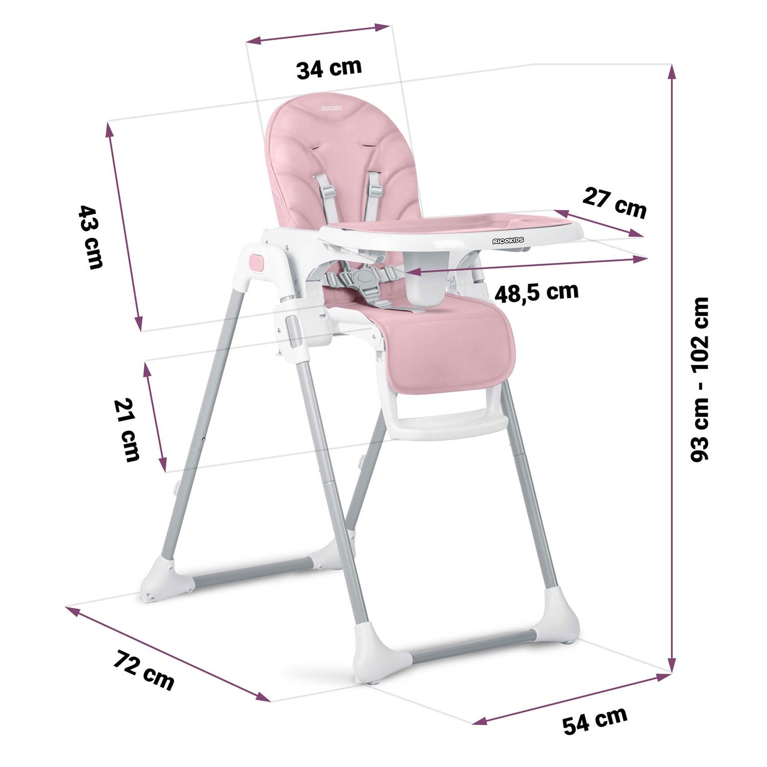 Ricokids Tulo rožinė maitinimo kėdė