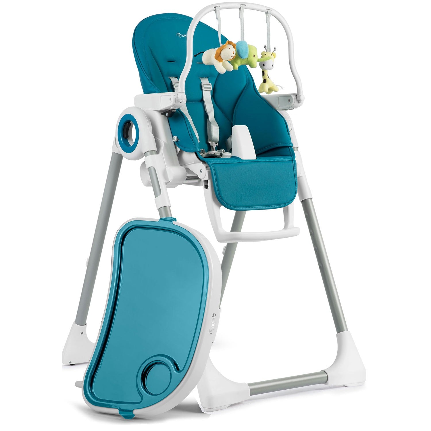 Maitinamoji kėdė su staleliu, dešinio mėlynos spalvos "Belo" kriauklė + žaidimų lazdelė