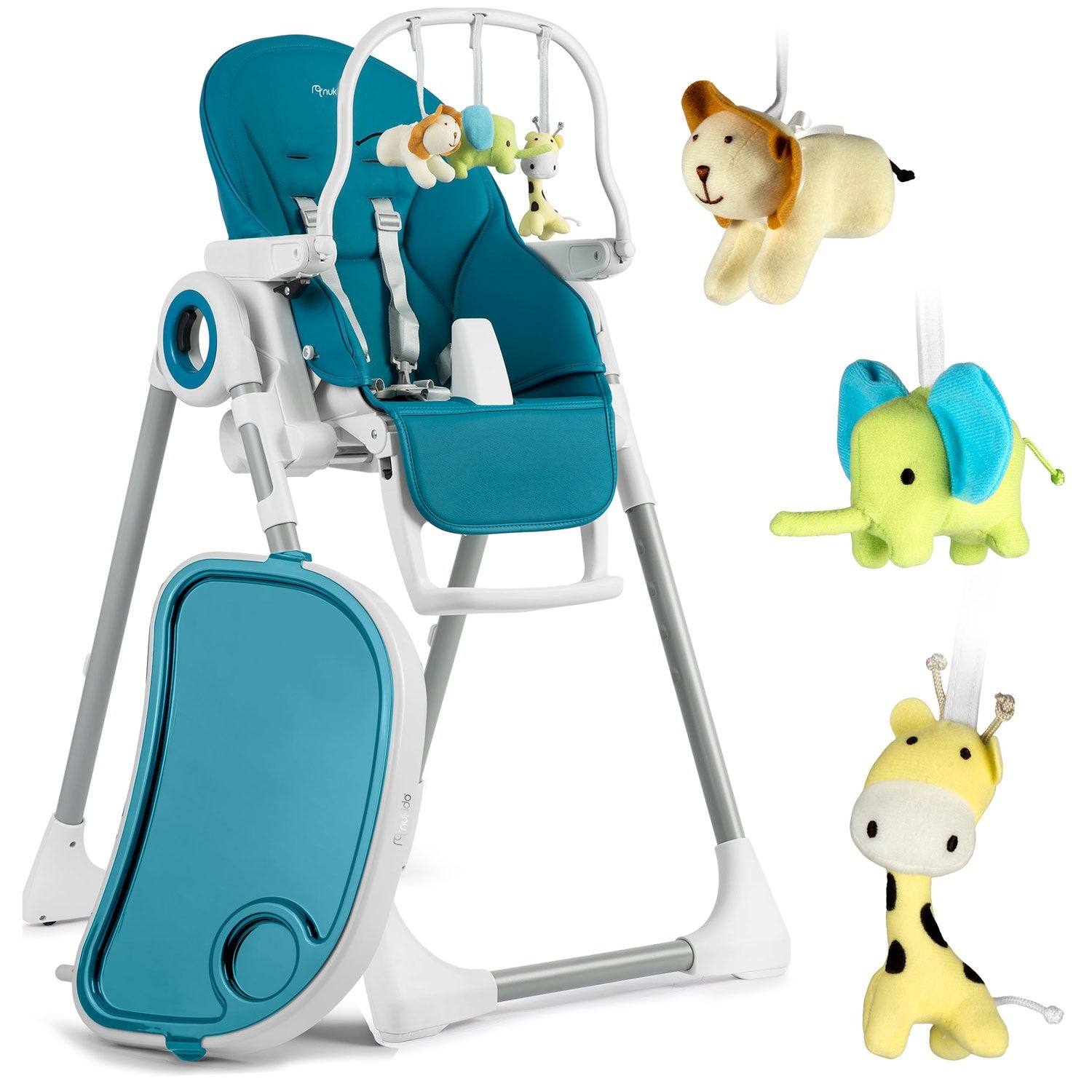 Maitinamoji kėdė su staleliu, dešinio mėlynos spalvos "Belo" kriauklė + žaidimų lazdelė