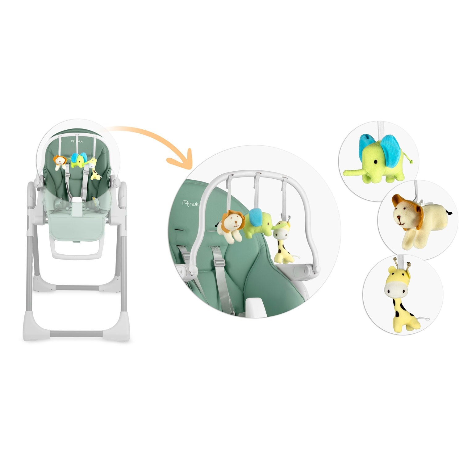 Maitinamoji kėdė su stale, Belo žalia spalva + žaislų lazdelė