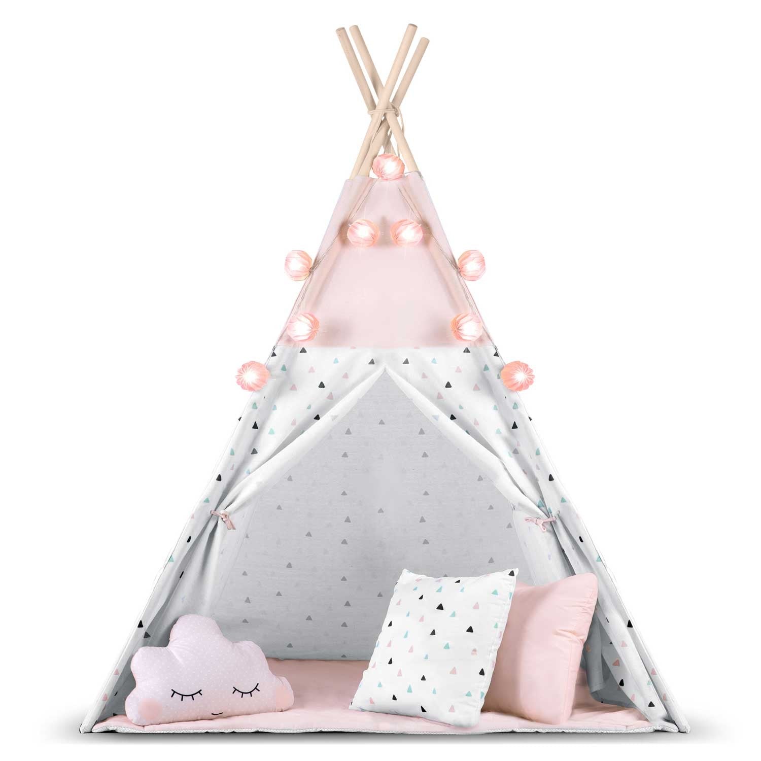 Vaikų tipi palapinė su girliande ir Nukido šviesomis - rožinė