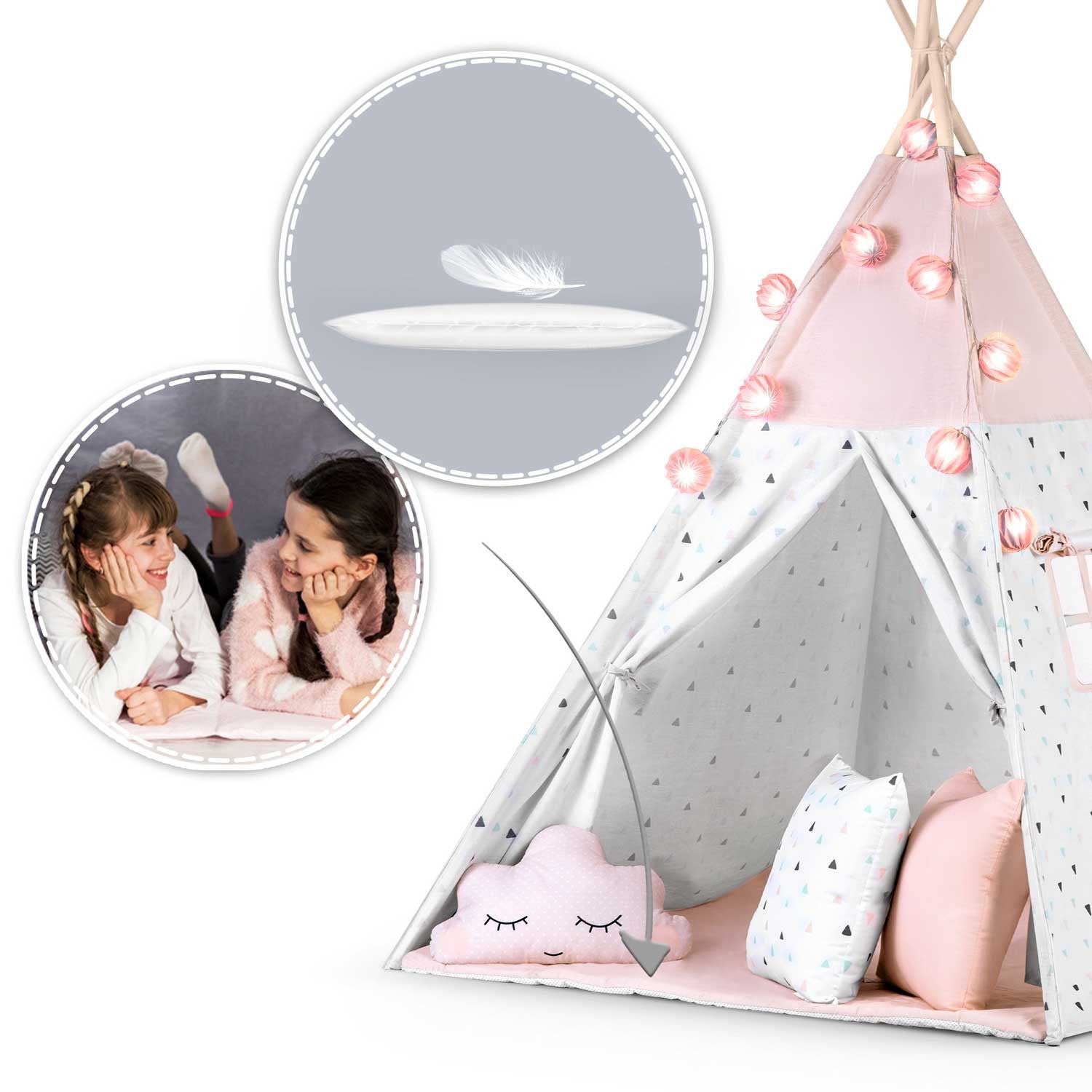 Vaikų tipi palapinė su girliande ir Nukido šviesomis - rožinė