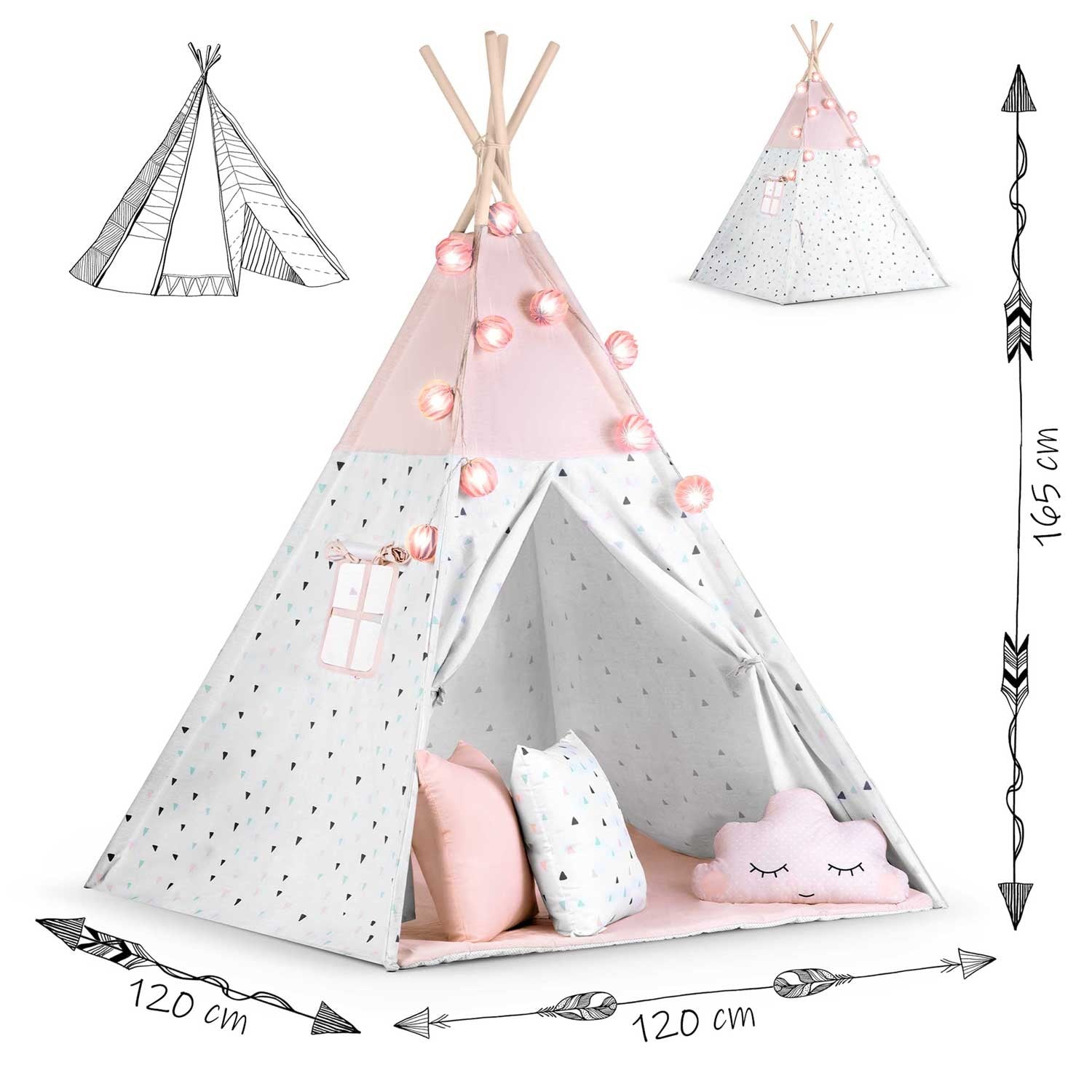 Vaikų tipi palapinė su girliande ir Nukido šviesomis - rožinė