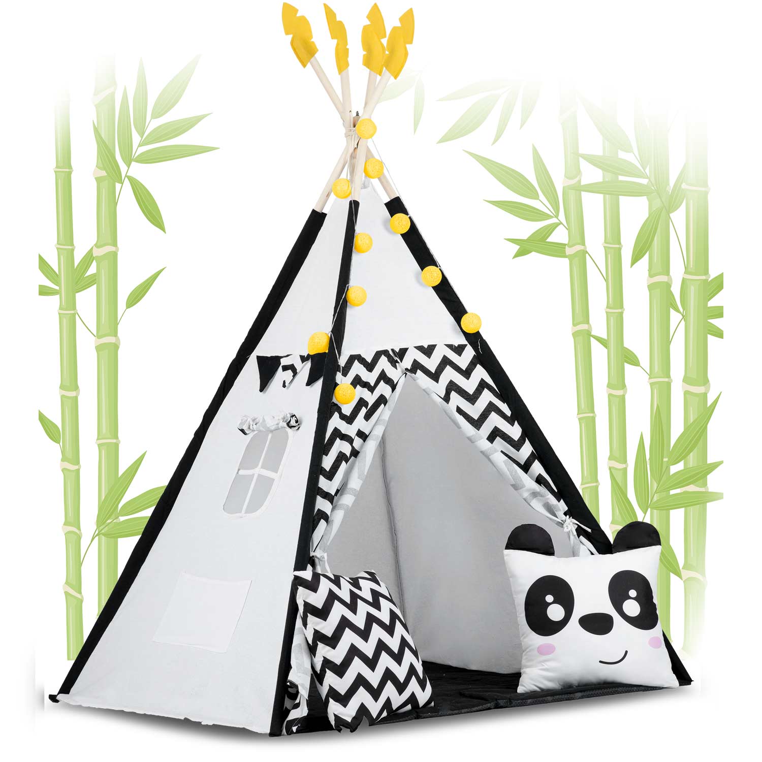 Vaikų tipi palapinė su girlandais ir šviesomis Nukido balta juoda su panda