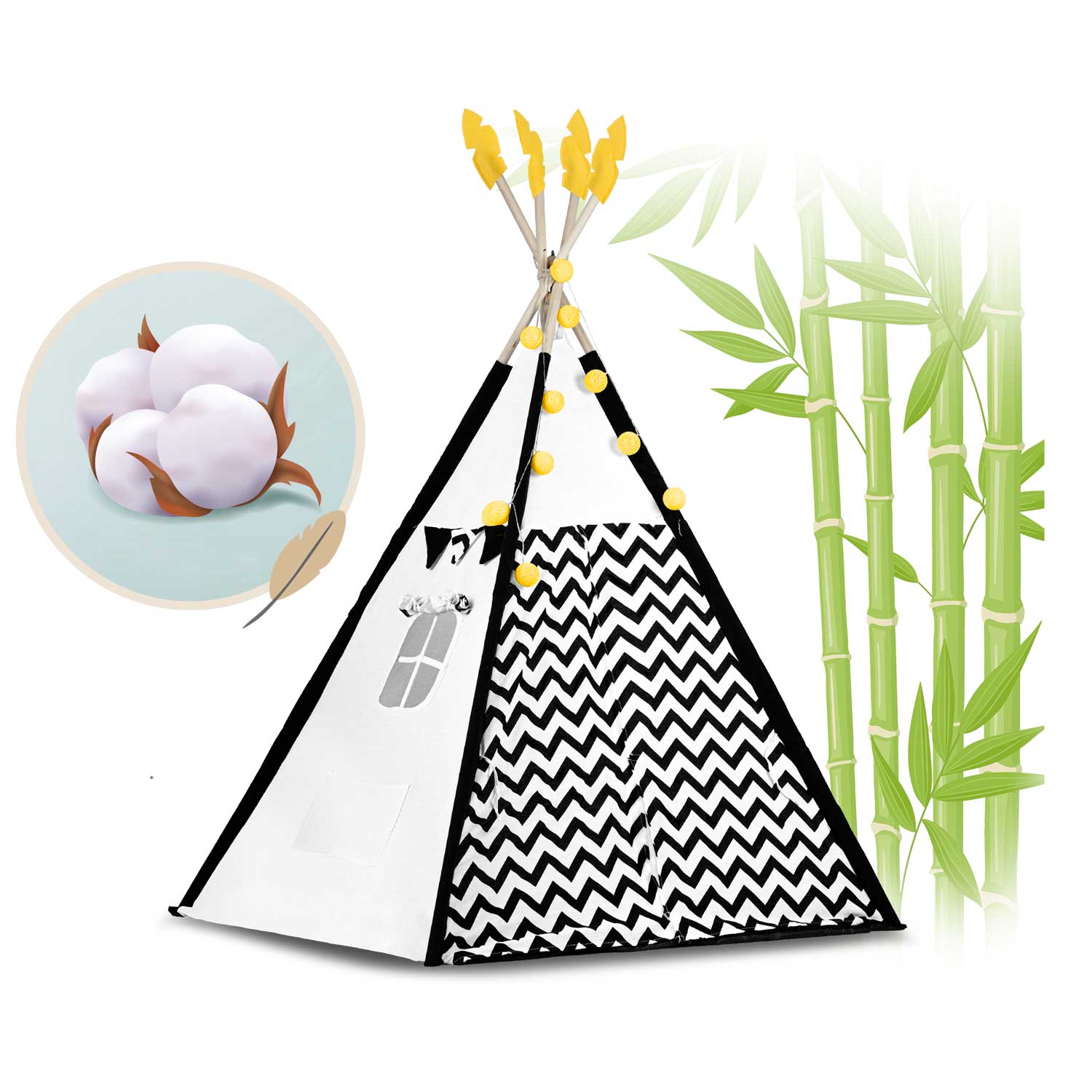 Vaikų tipi palapinė su girlandais ir šviesomis Nukido balta juoda su panda