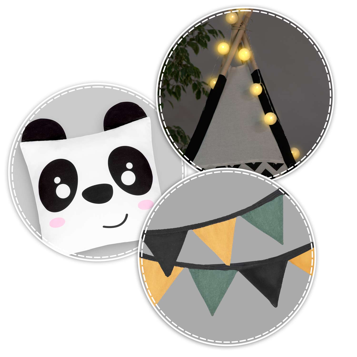 Vaikų tipi palapinė su girlandais ir šviesomis Nukido balta juoda su panda