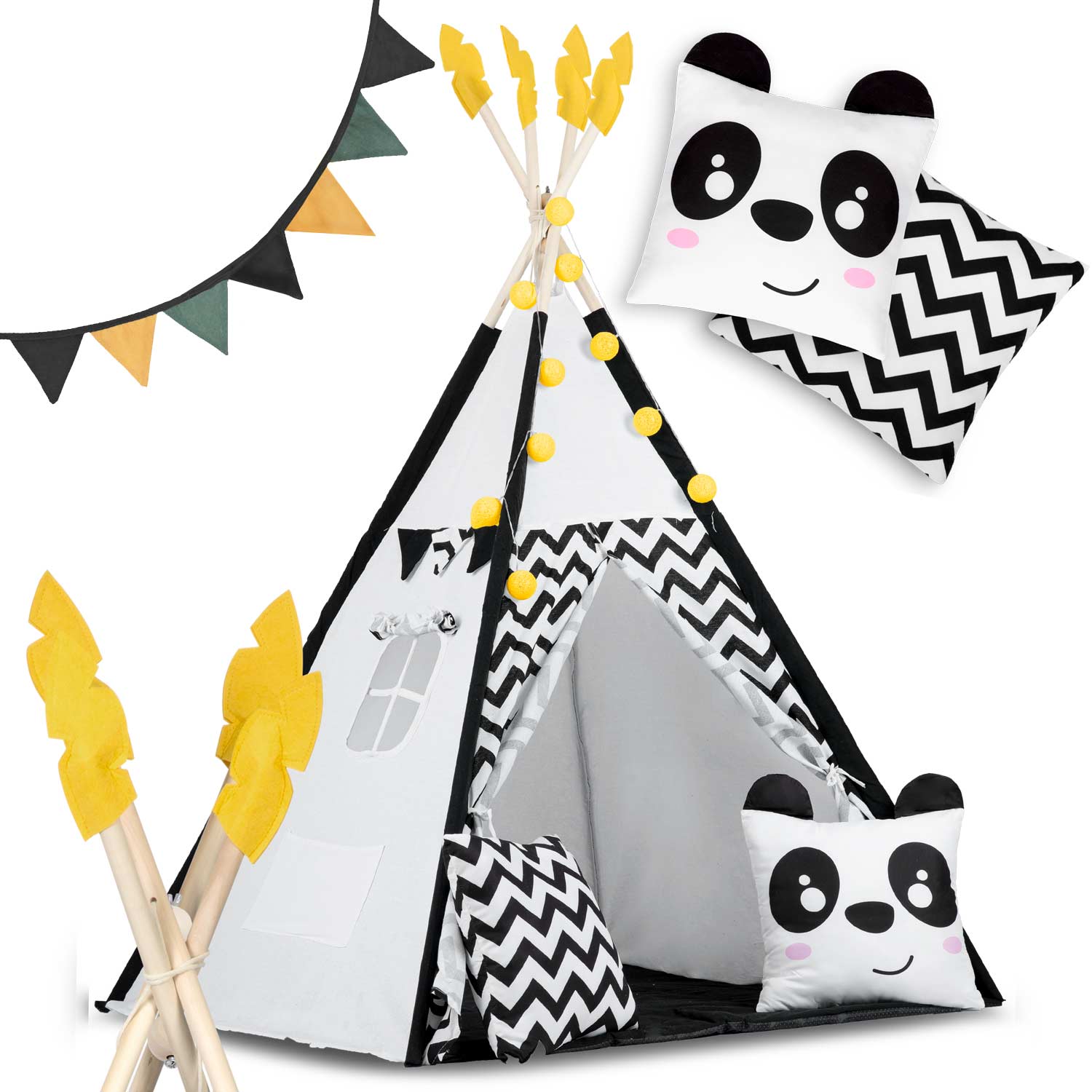 Vaikų tipi palapinė su girlandais ir šviesomis Nukido balta juoda su panda