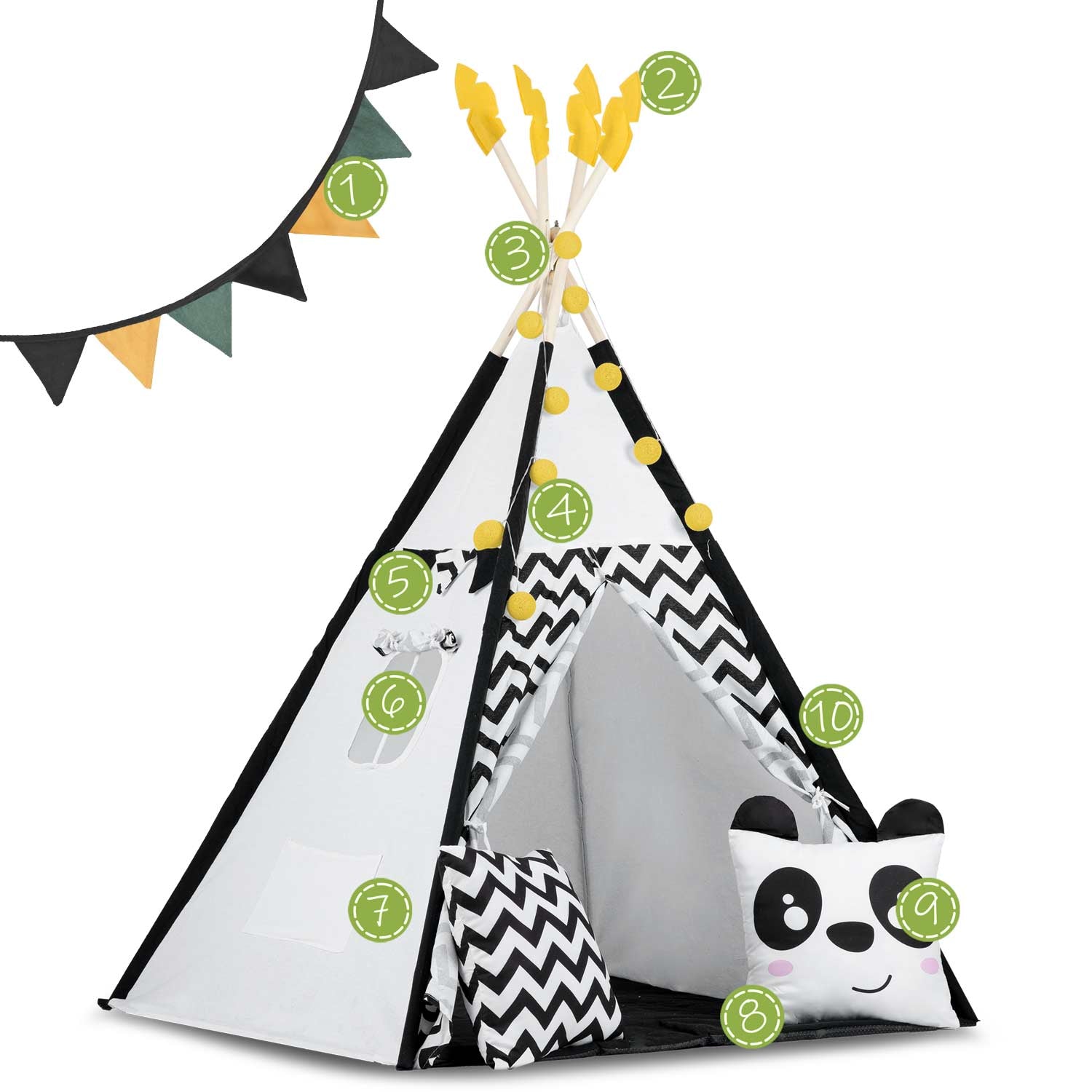 Vaikų tipi palapinė su girlandais ir šviesomis Nukido balta juoda su panda