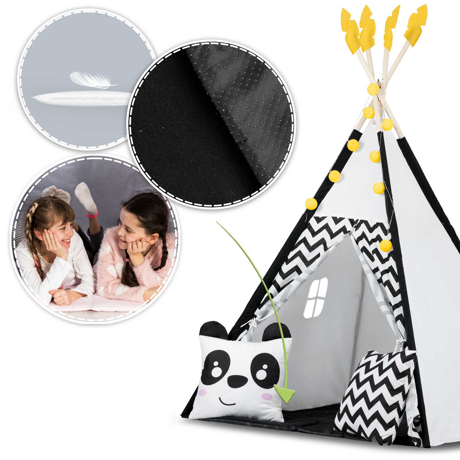 Vaikų tipi palapinė su girlandais ir šviesomis Nukido balta juoda su panda