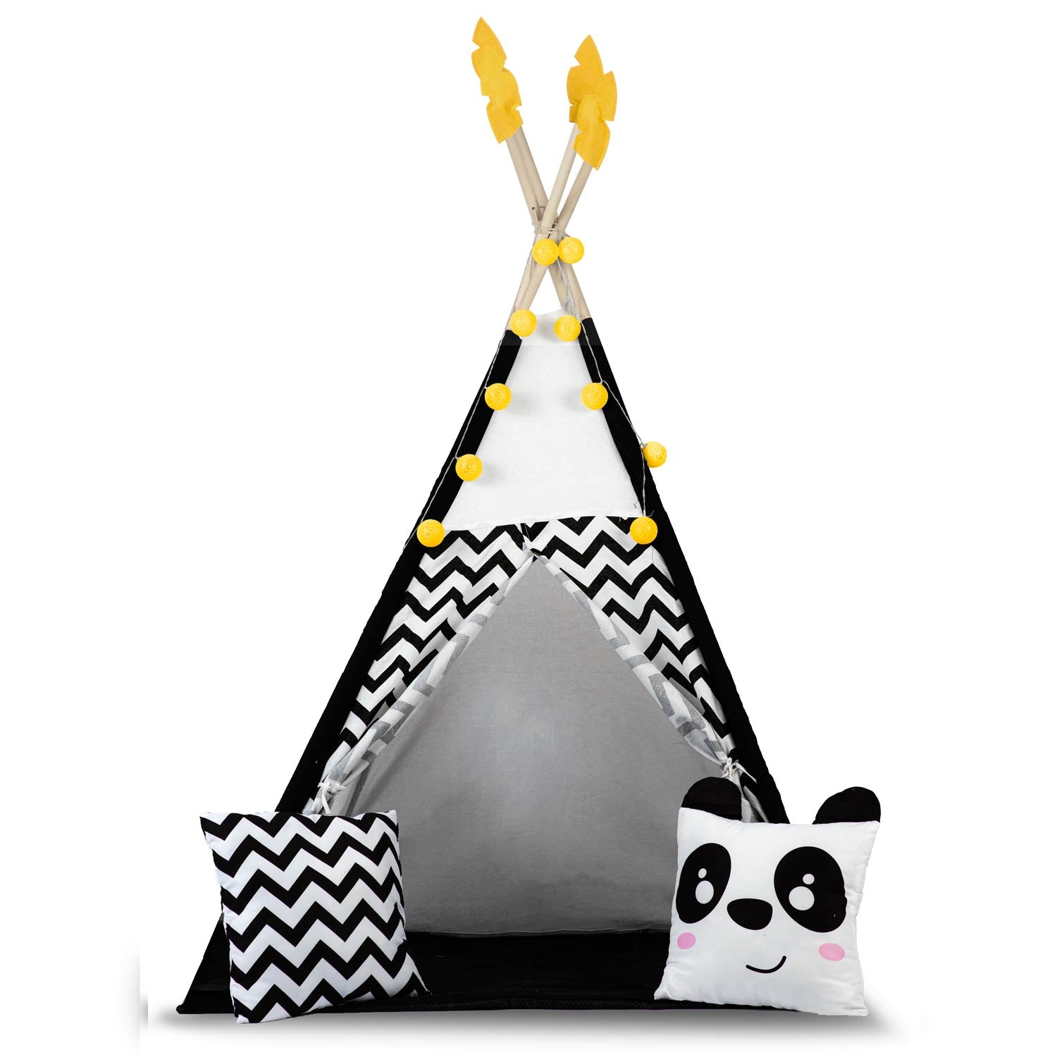 Vaikų tipi palapinė su girlandais ir šviesomis Nukido balta juoda su panda