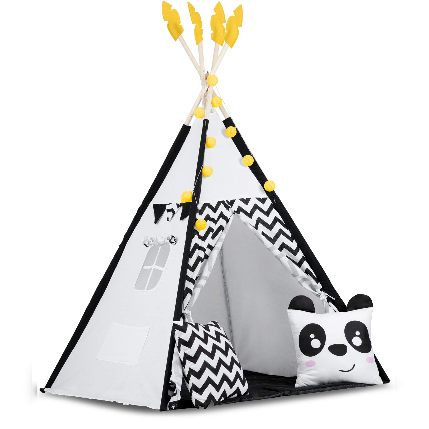 Vaikų tipi palapinė su girlandais ir šviesomis Nukido balta juoda su panda