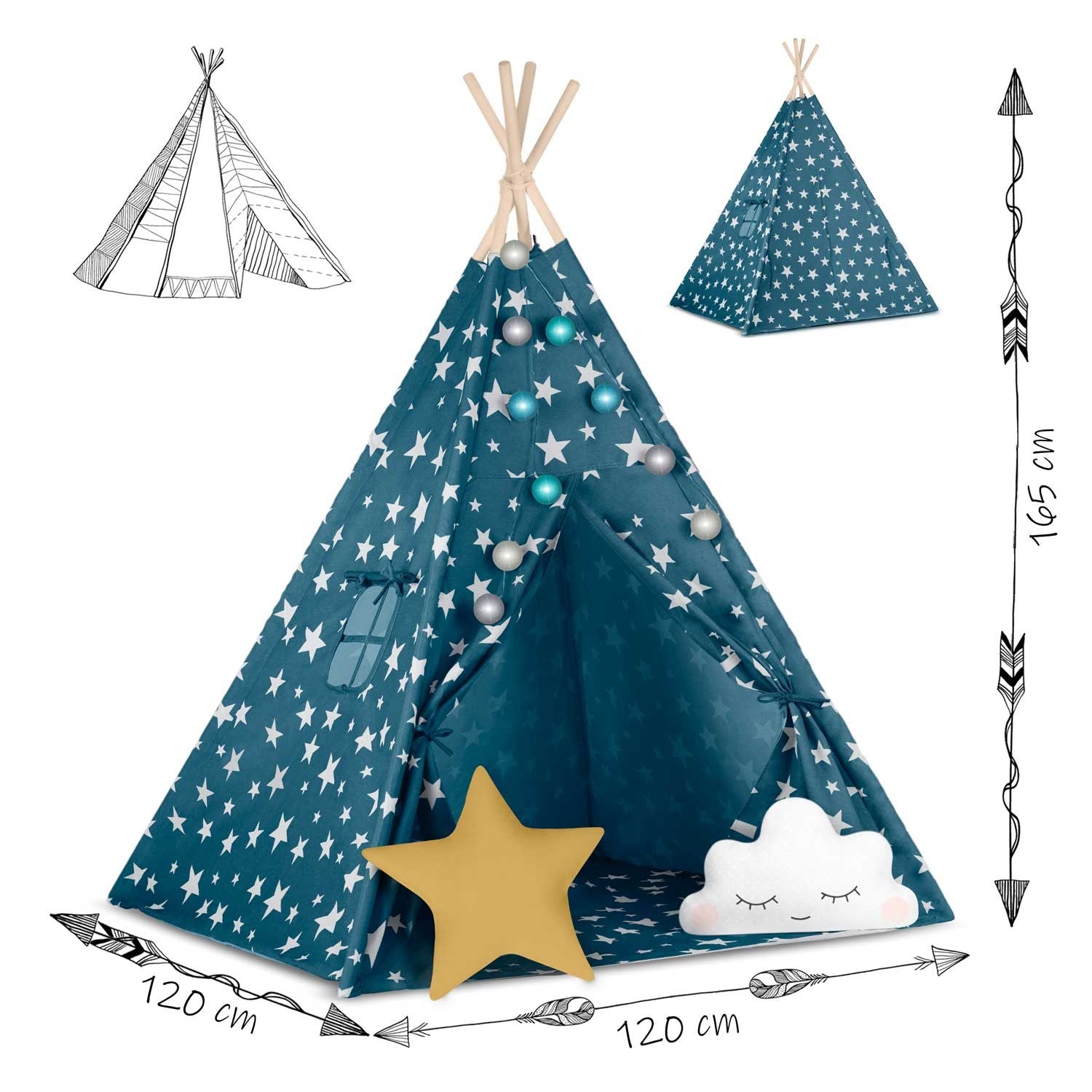 Tipi stovykla vaikams su Nukido šviesomis - mėlyna