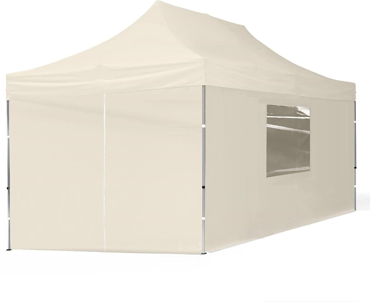 Pop Up 3x4,5 m pločio sulankstoma palapinė su sienomis, bežo spalva, X serija, iš aliuminio (pylva, paviljonas, stenda)