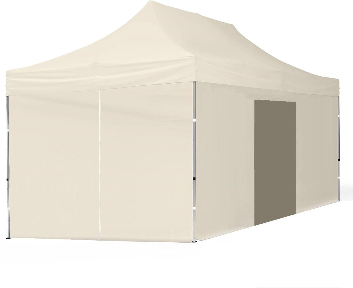 Pop Up 3x4,5 m pločio sulankstoma palapinė su sienomis, bežo spalva, X serija, iš aliuminio (pylva, paviljonas, stenda)