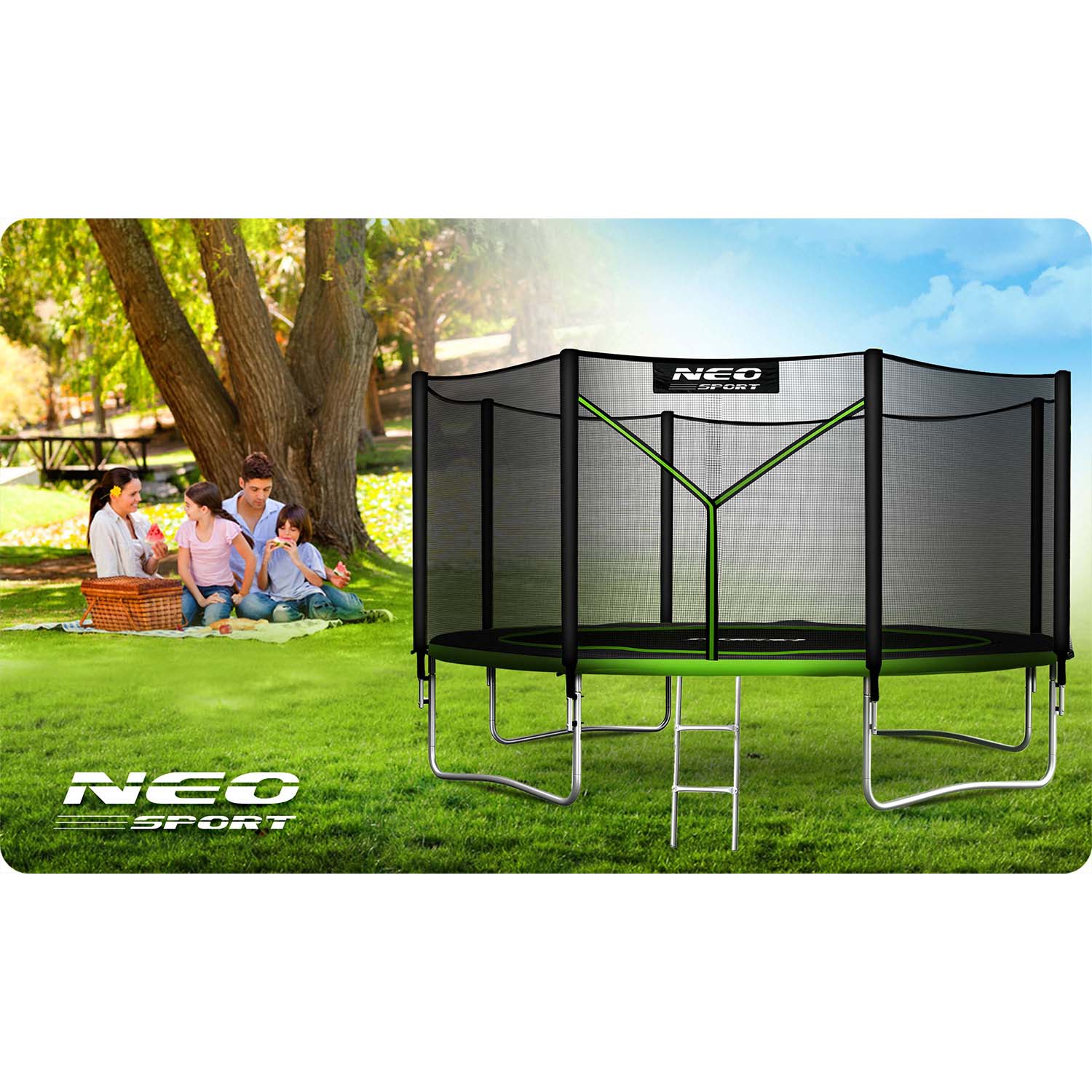 12ft/374cm sodinis batutas su išorine tinkle ir Neo-Sport laiptais