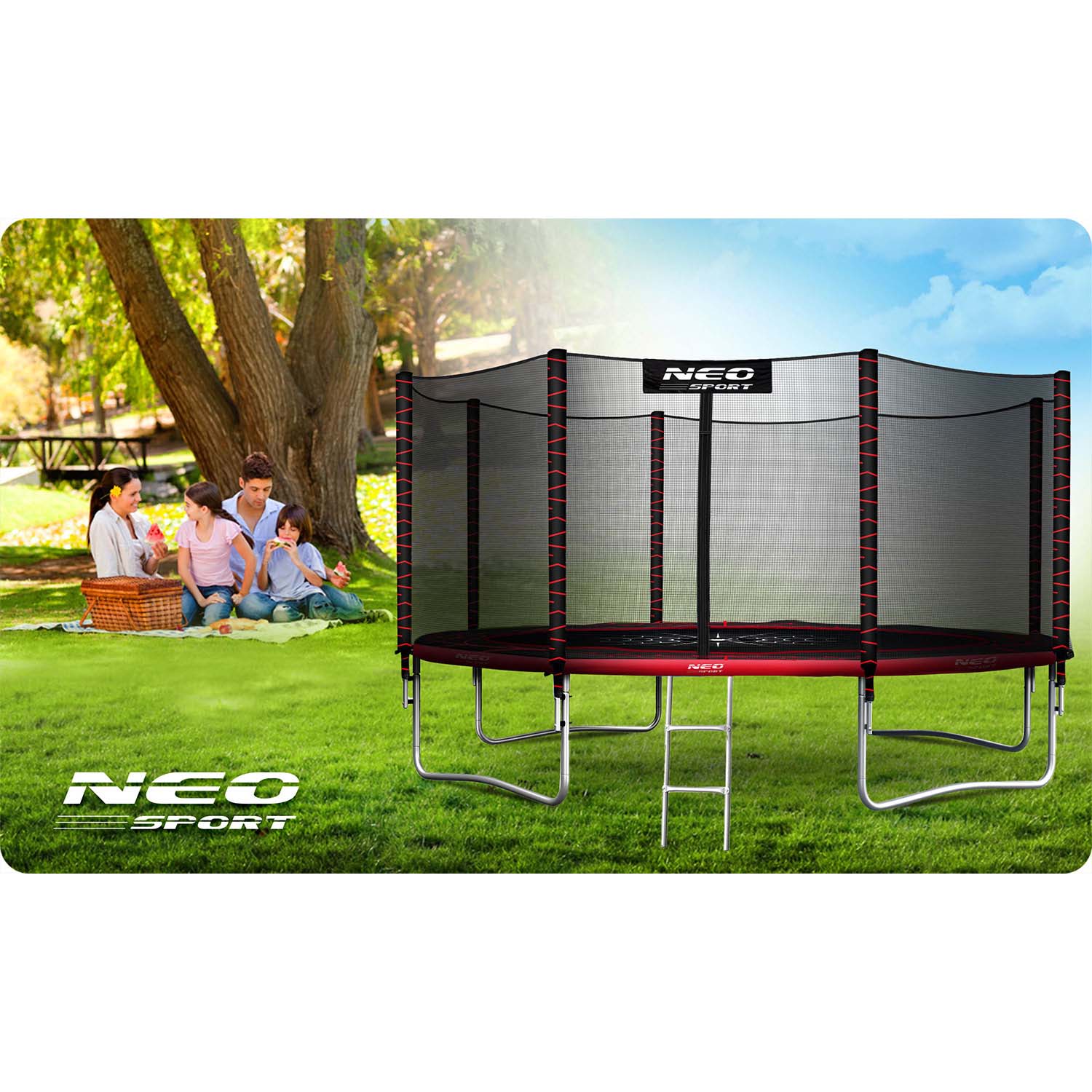 13ft/404cm sodinis batutas su išorine tinklele ir Neo-Sport laiptais