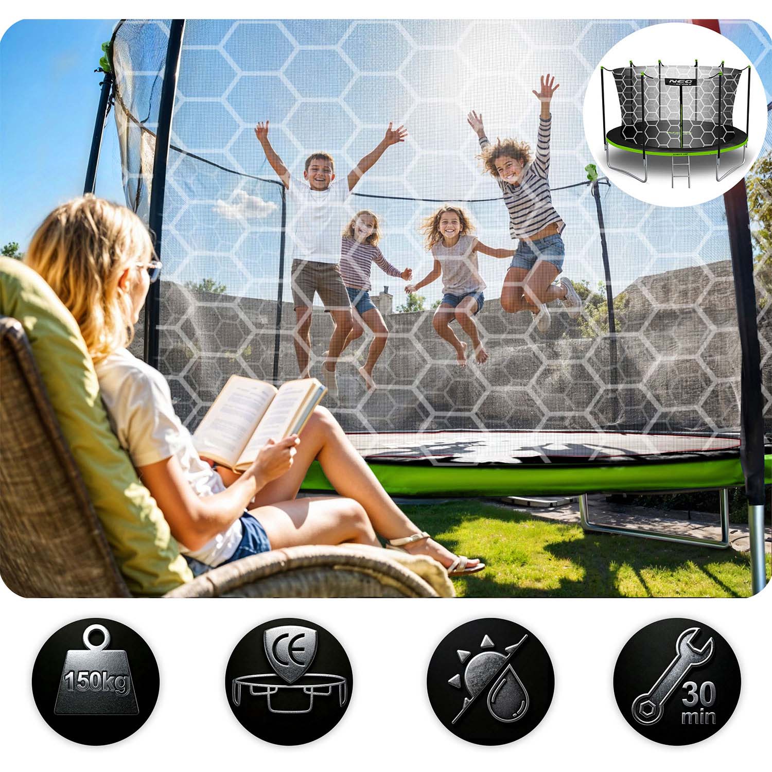 15ft/465cm sodo trampolinas su vidiniu tinkleliu ir Neo-Sport laiptais