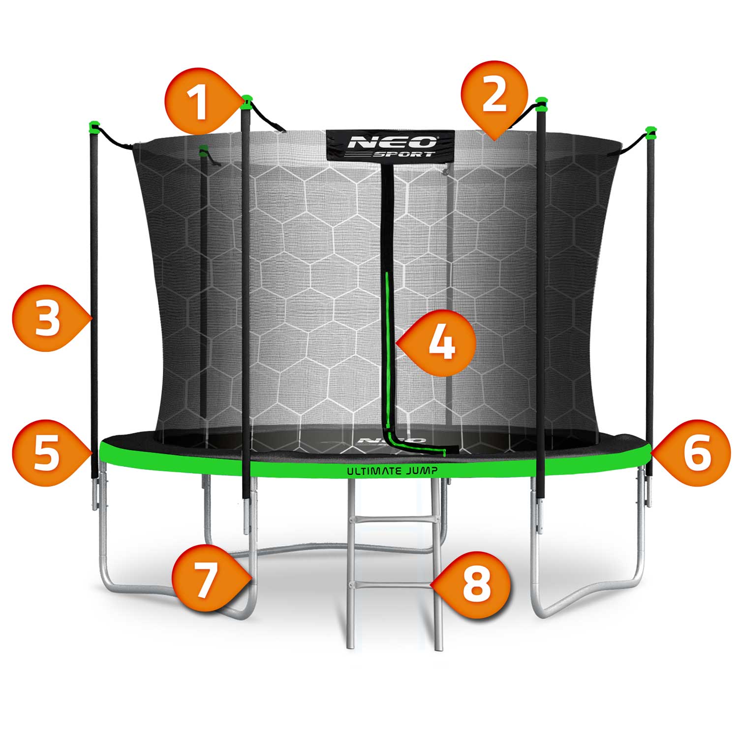 8ft/252cm sodo batutas su vidine tinkle ir Neo-Sport laiptais