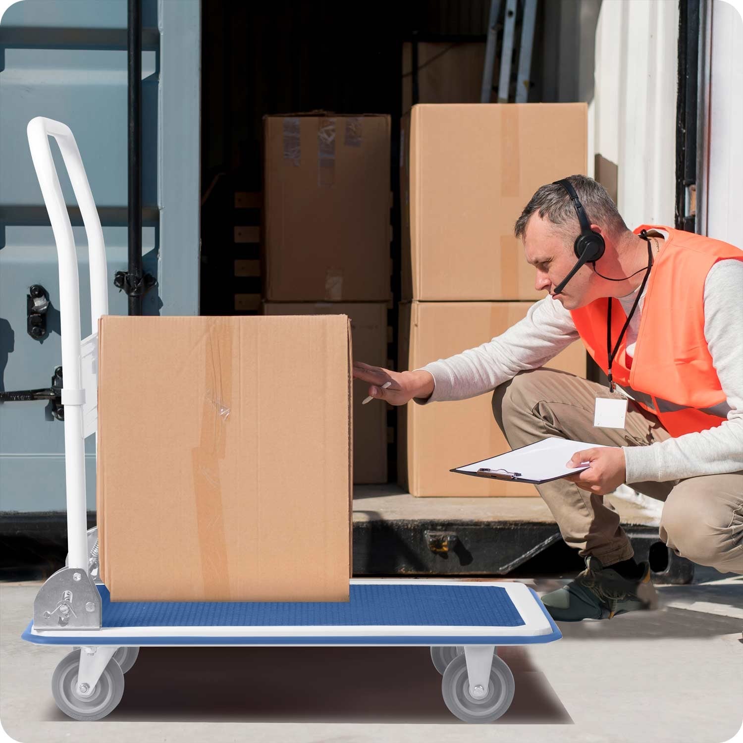 HM-505 mėlynos-balto spalvos rankinis vežimo vagonas